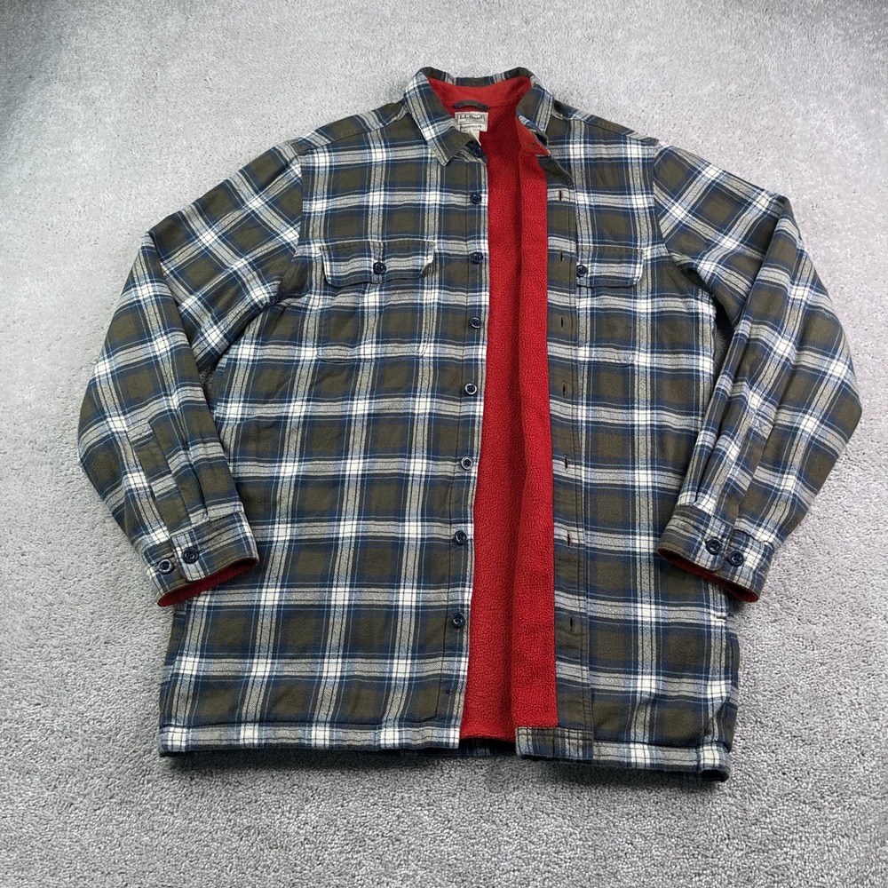 LL Bean Shirt Jacket Mens Medium Tall Grey Plaid Fleece Lined Button Up Shacket